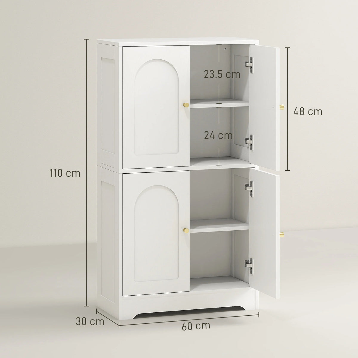 110cm Kitchen Cupboard with 4 Arched Doors and Adjustable Shelves, White