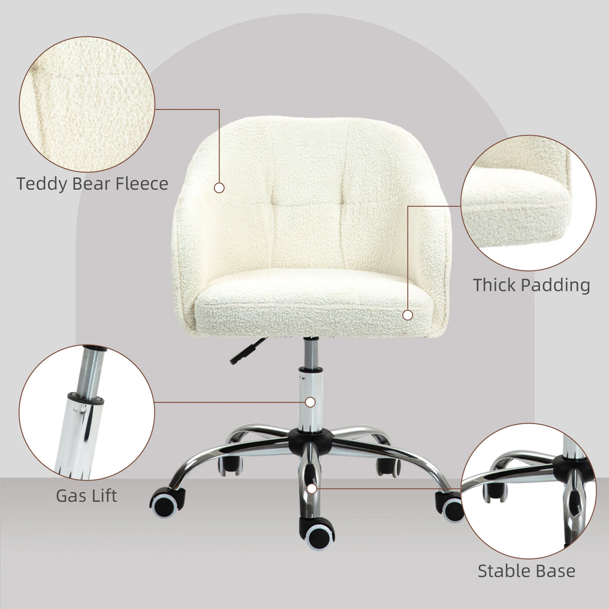 Fluffy Vanity Chair with Teddy Fleece Upholstery Height Adjustable 46-56cm 5 Wheels and Tilt Function