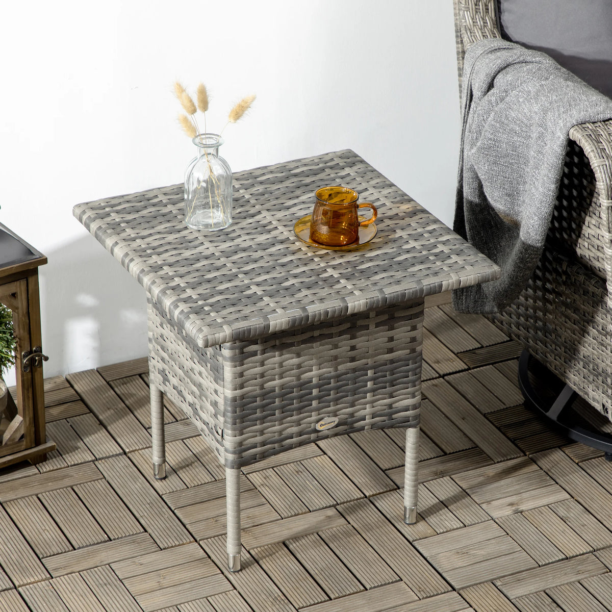 Rattan Side Table, Outdoor Coffee Table with Plastic Board Under the Full Woven Table Top, Mixed Grey