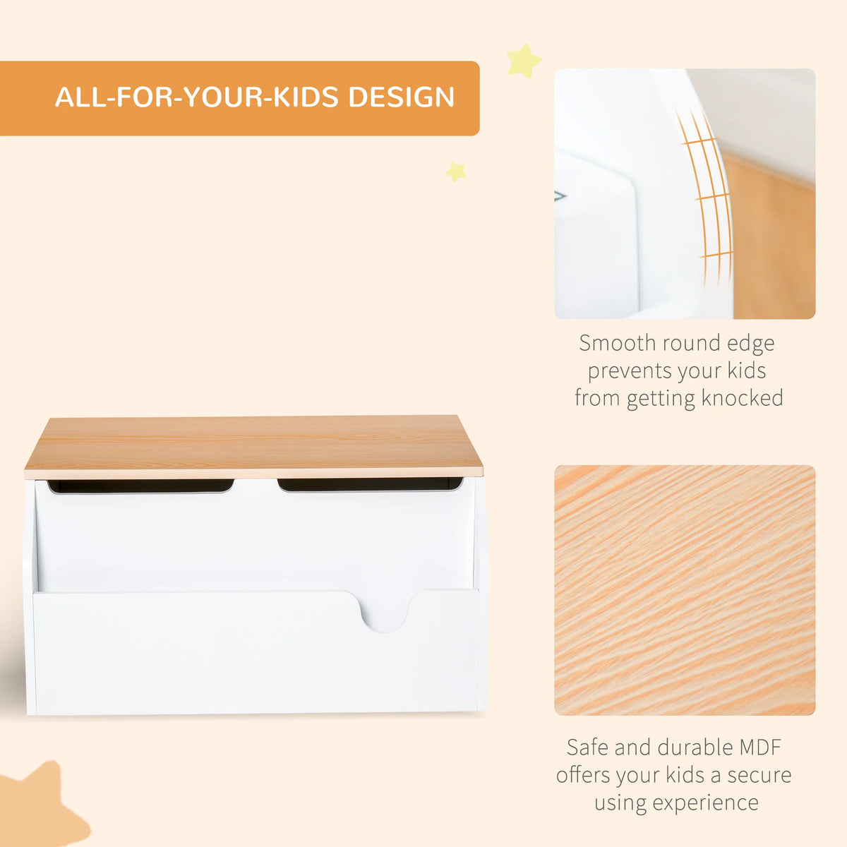 Kids Wooden Toy Box with Book Slot and Gas Hinge Lid MDF Storage Chest with Vents White and Wood Effect