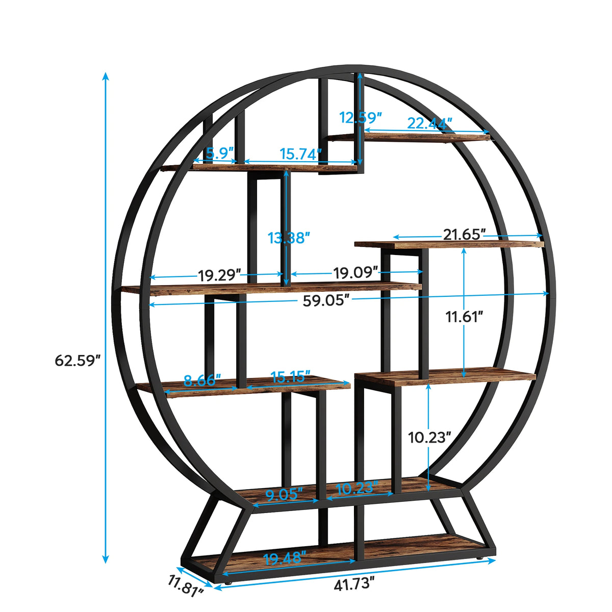 63 Inch Round Industrial Bookshelf with 14 Staggered Shelves | Rustic Brown and Black Etagere Bookcase