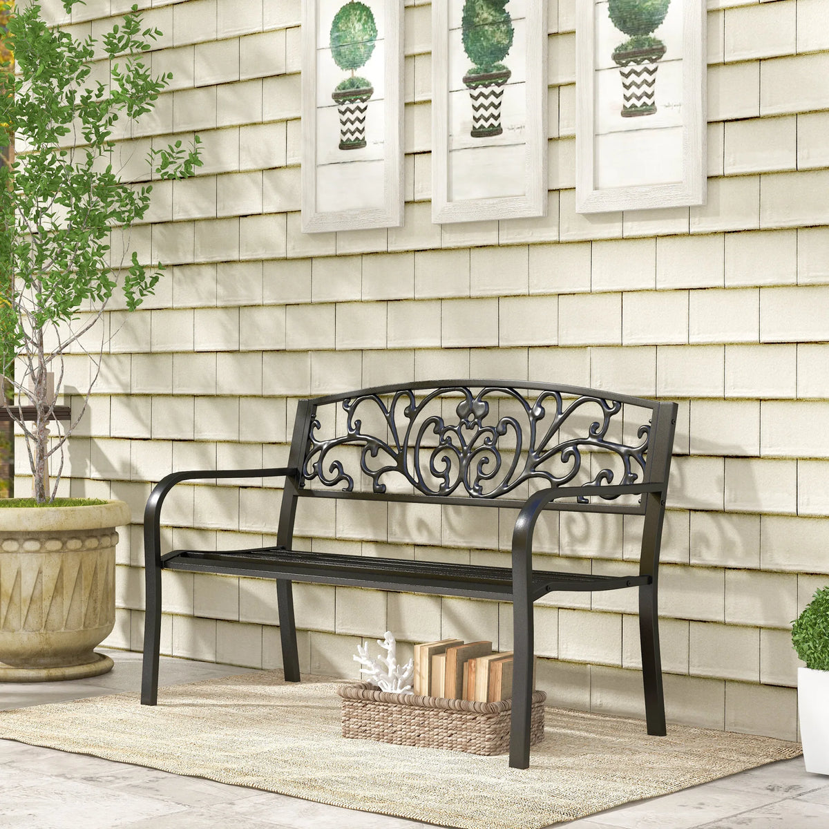 2 Seater Metal Garden Bench with Floral Backrest, Powder Coated Steel, Black