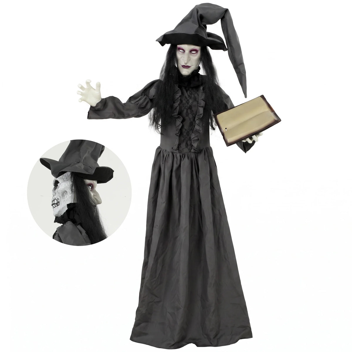 Life size animated Halloween witch 180cm in a Victorian gown