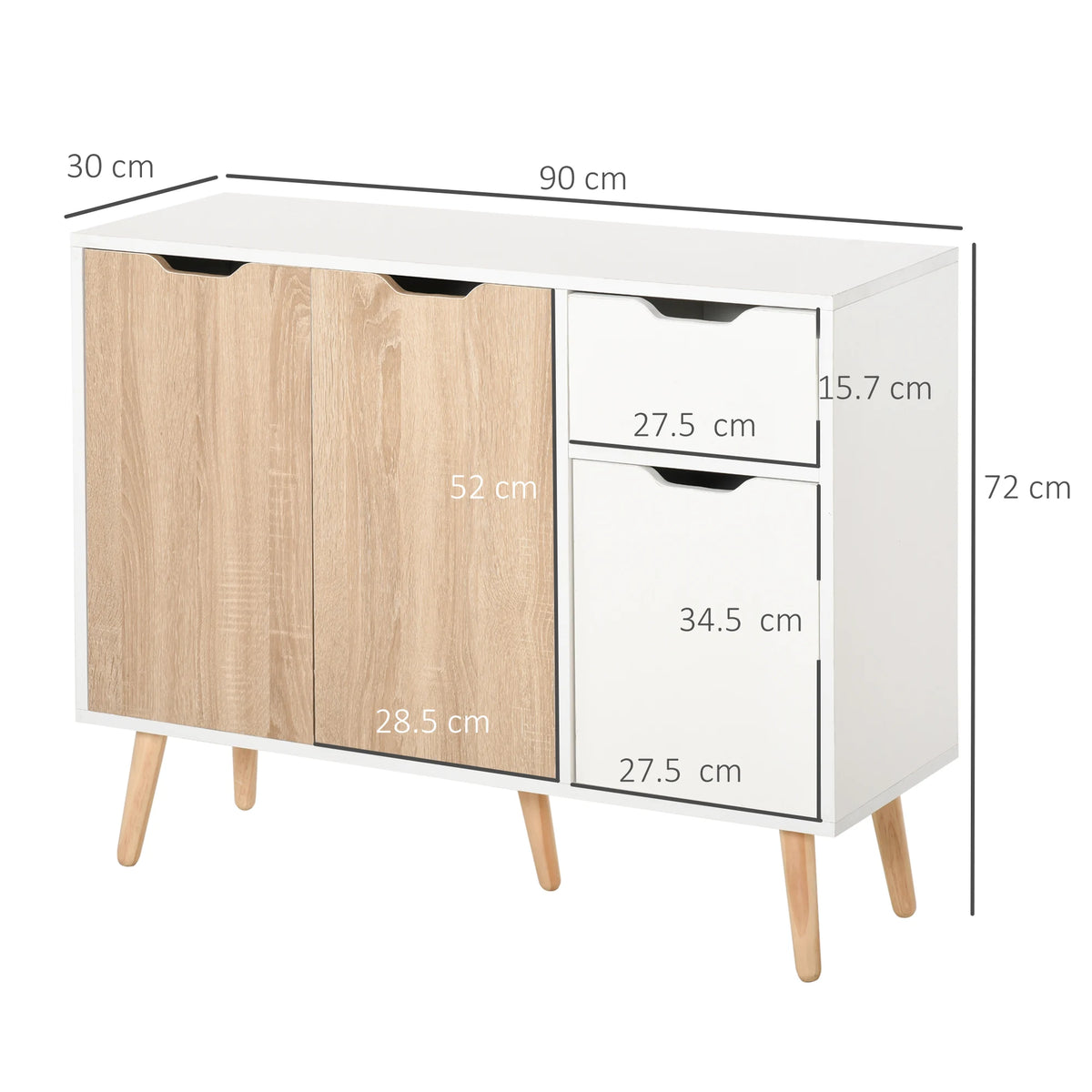 Scandinavian Storage Cabinet with Drawer and 3 Cupboards, White and Natural