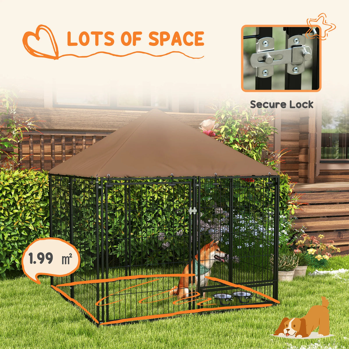 Outdoor Dog House Kennel with Canopy Top & Lock Rotating Bowl Holder
