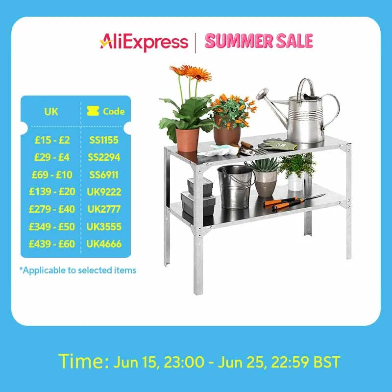 2 Tier Potting Bench Table, Galvanised Steel Planting Work Bench, Silver Tone