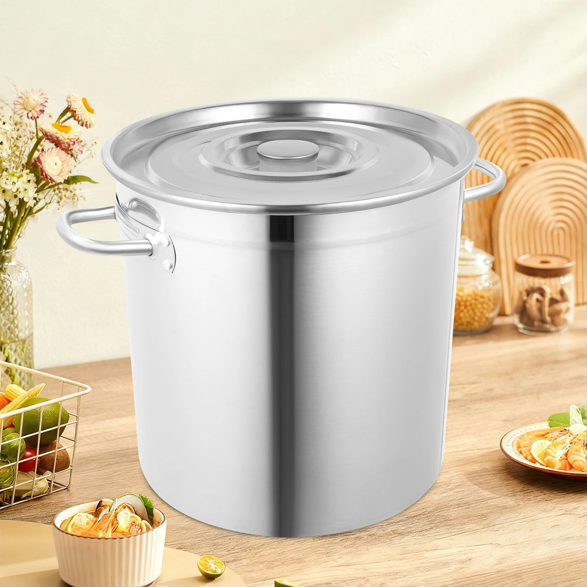 35L Stainless Steel Stockpot with Lid, Large Induction-Compatible Soup Pot