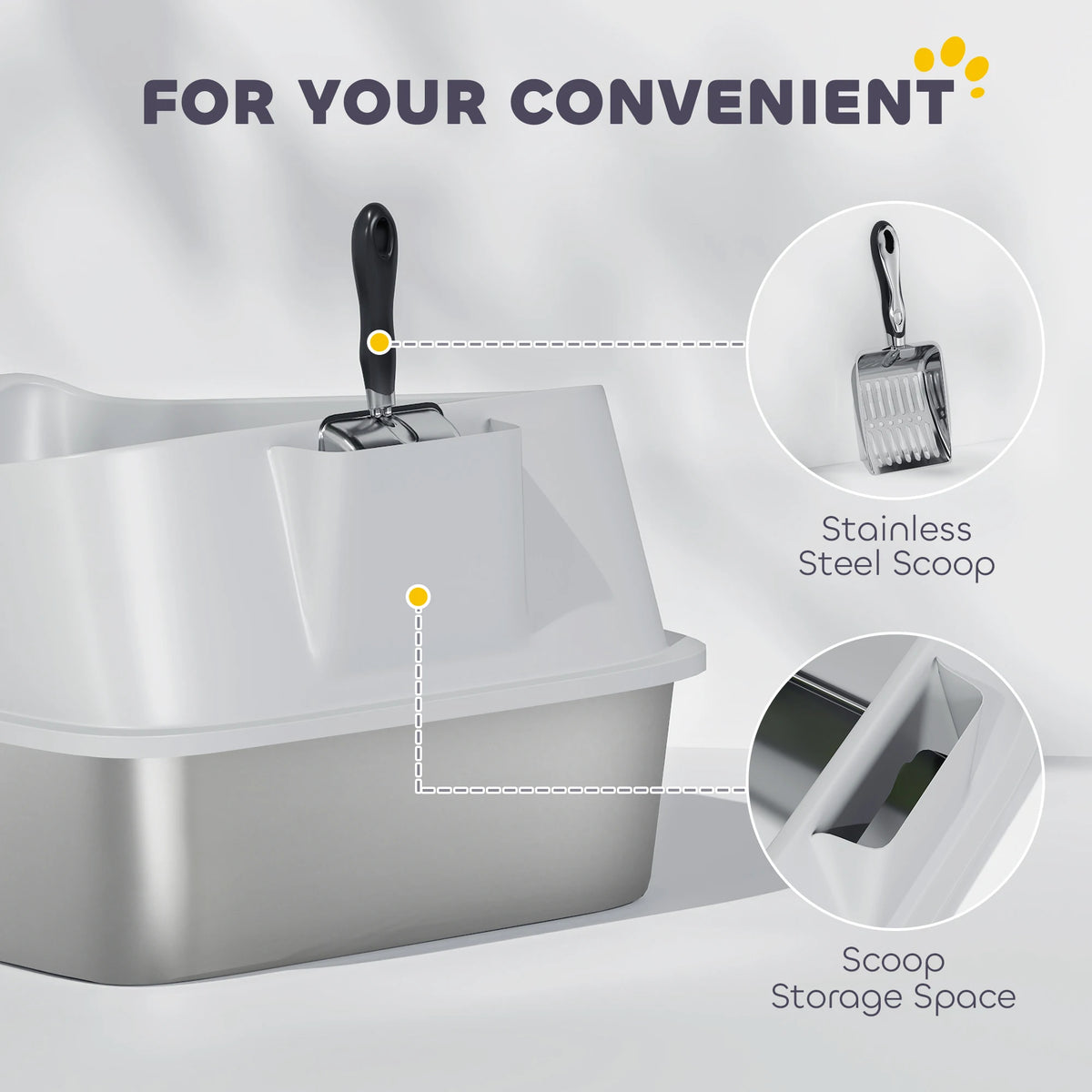 XL Stainless Steel Cat Litter Box with High Sides and Scoop, 60 x 40 x 30cm