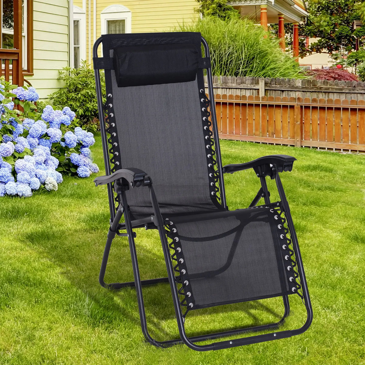 Zero Gravity Chair, Metal Frame Texteline Armchair, Outdoor Folding and Reclining Sun Lounger, Black