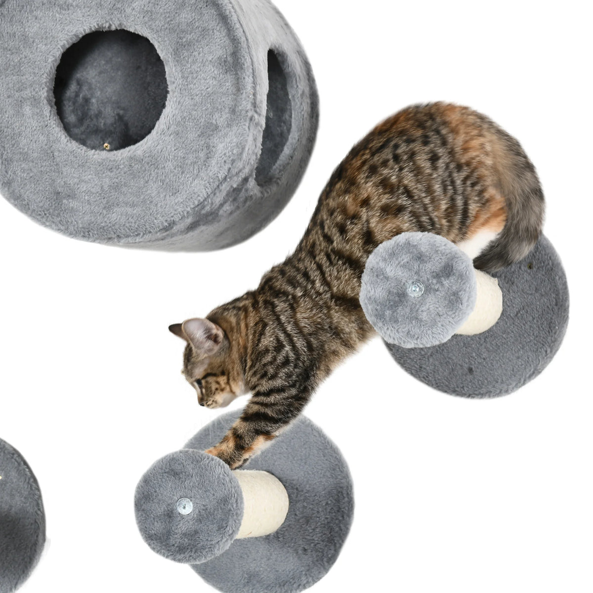 5 Piece Wall Mounted Cat Shelves Set with Cat House Scratching Posts and 6 Levels Plush Grey