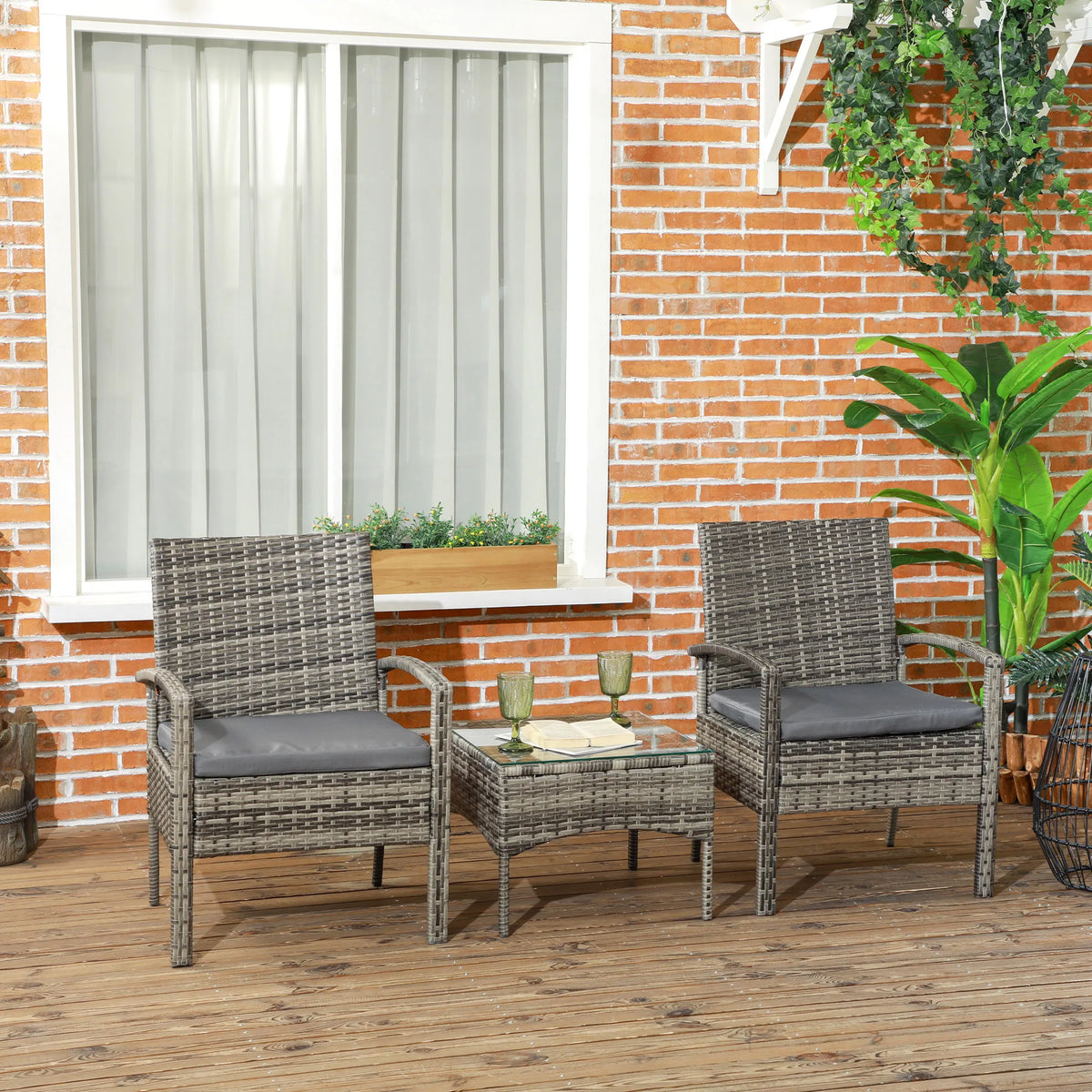 Rattan Bistro Set, 3-Piece Wicker Garden Furniture Set with Cushions, Grey