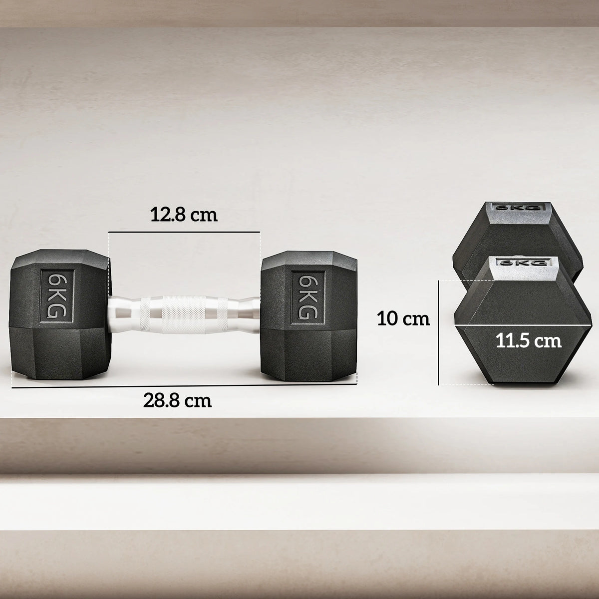 2 x 6kg Rubber Hex Dumbbells, Pair of Hand Weights with Knurled Handle, Black