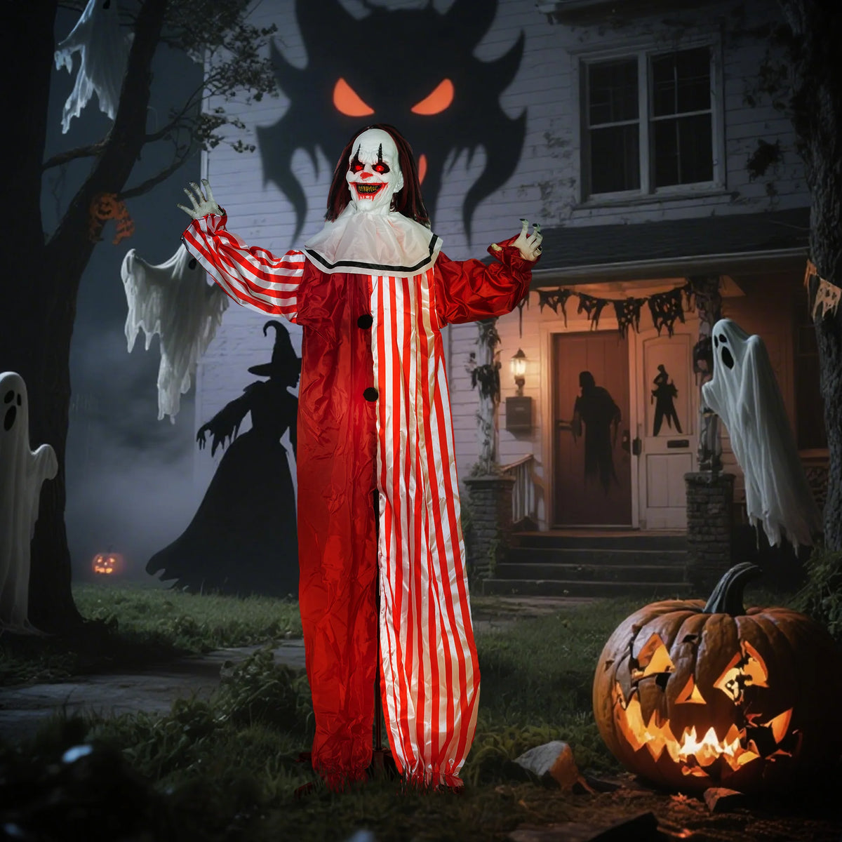Sound Activated Halloween Animatronic Clown with Red Light-Up Eyes