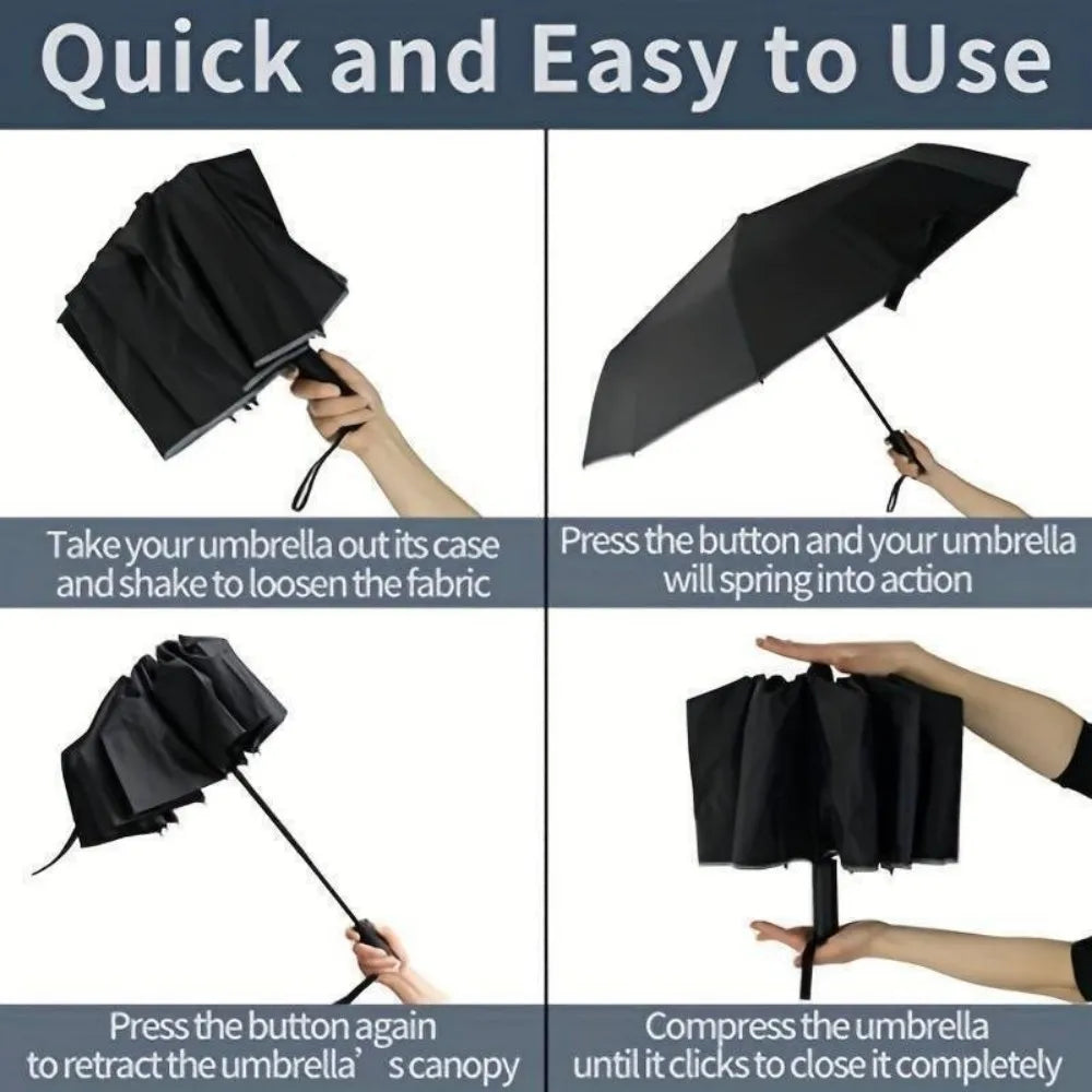 24-Rib Windproof Automatic Folding Umbrella, Compact Travel Umbrella, Black