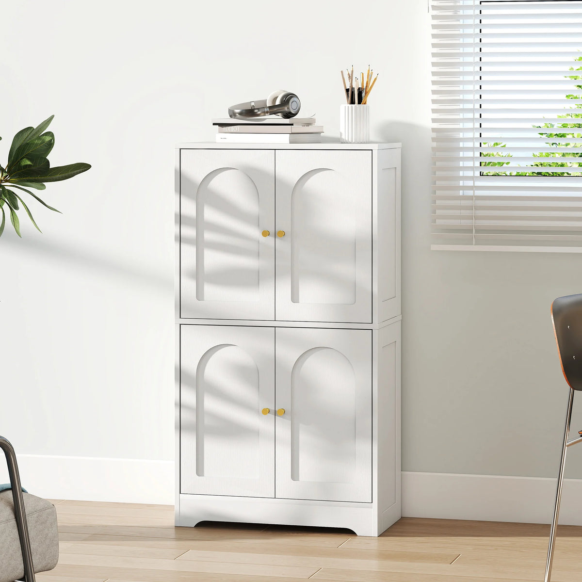 110cm Kitchen Cupboard with 4 Arched Doors and Adjustable Shelves, White