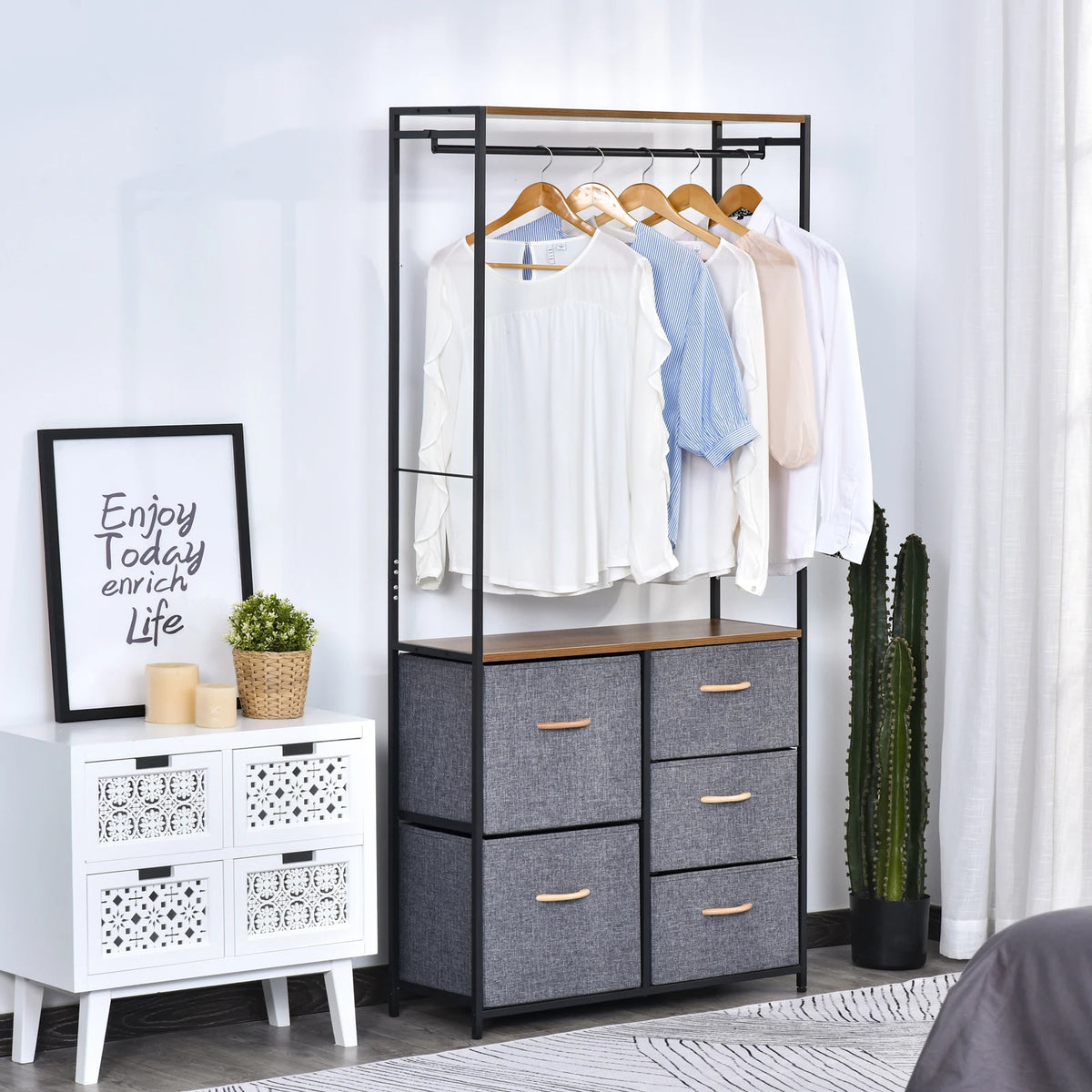 175 x 83cm Freestanding Clothes Hanger Storage Unit with Steel Frame, 5 Drawers and Shelf