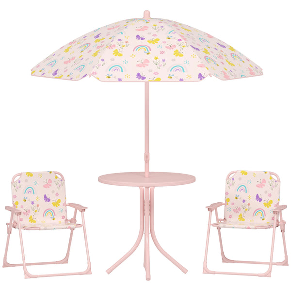 Kids Garden Table and Chair Set with Parasol 4 Piece Folding Outdoor Patio Set Rainbow Design Pink