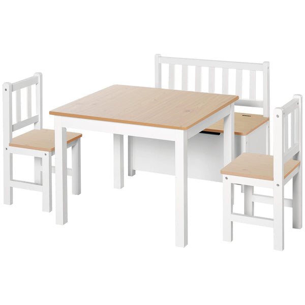 4-Piece Kids Table and Chair Set with 2 Wooden Chairs, 1 Storage Bench