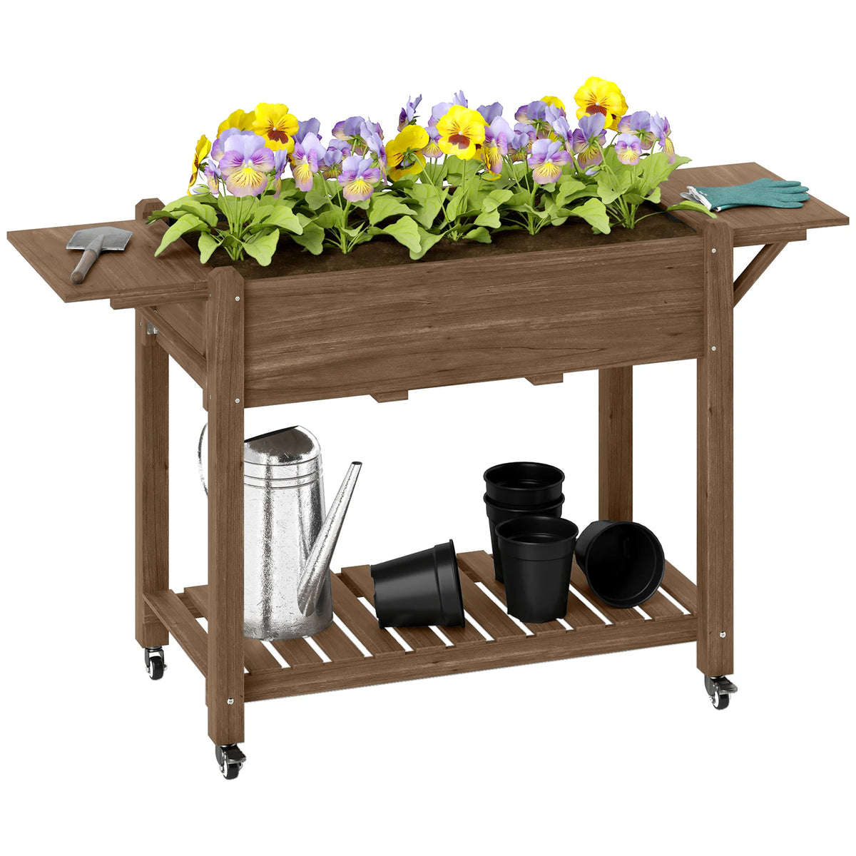 Raised Garden Bed, Wooden Elevated Planter Box with Lockable Wheels, Side Tables, Carbonised