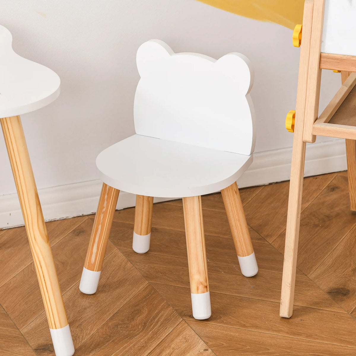 3 Piece Kids Table and Chair Set with 2 Bear Shaped Chairs MDF Solid Pine Legs Wipe Clean White
