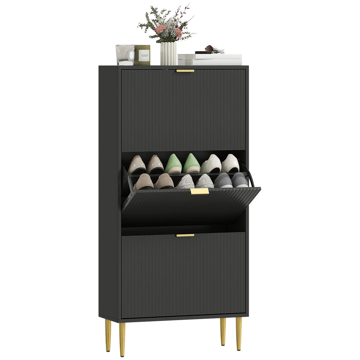 Narrow Shoe Cabinet with 3 Flip-Down Drawers and Adjustable Shelves, Black