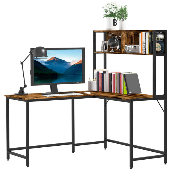 Industrial L-Shaped Work Desk with Storage Shelf, Steel Frame, Adjustable Feet