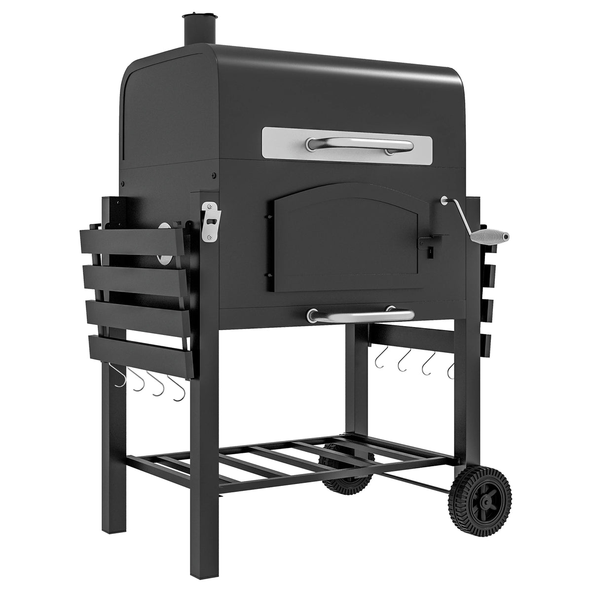 Charcoal Grill BBQ Trolley w/ Adjustable Charcoal Height & Thermometer