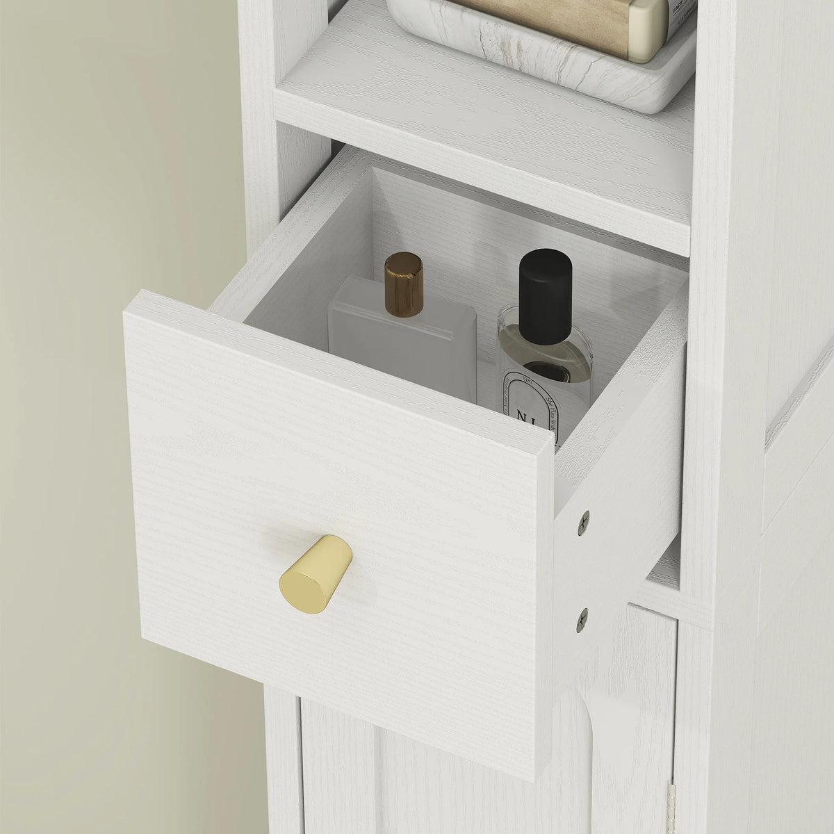 Slim Bathroom Cabinet 20cm Deep with 2 Cupboards Drawer Open Shelf Arched Doors Gold Knobs White