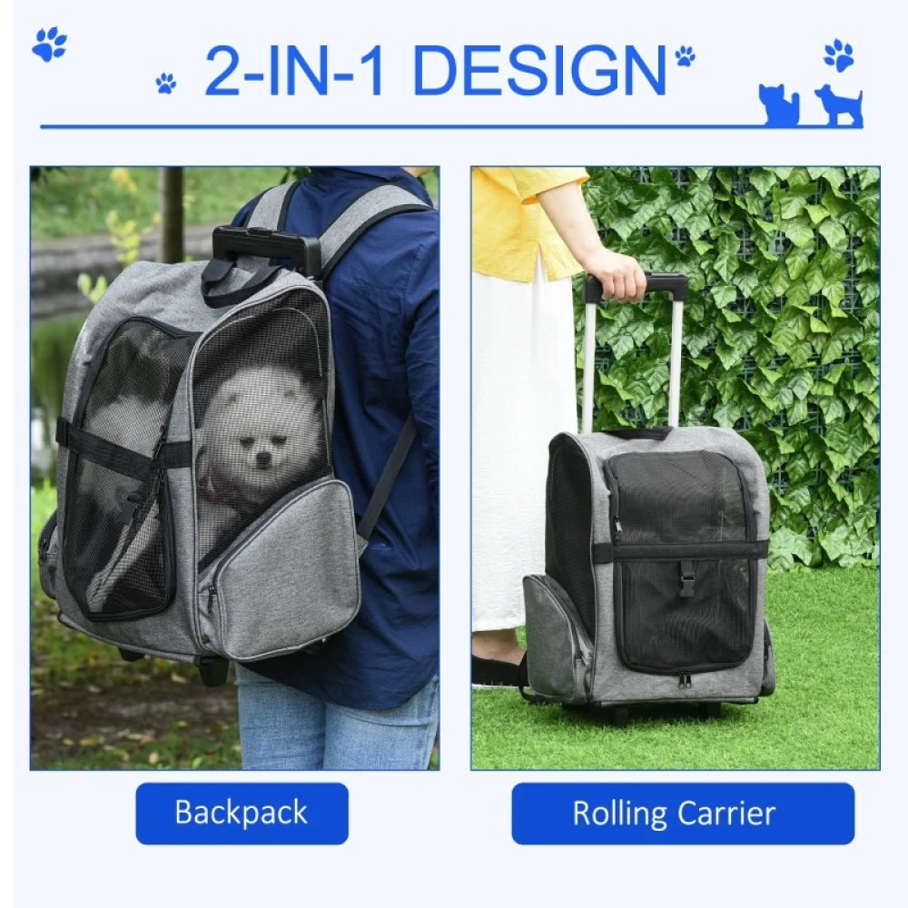 Pet Travel Backpack Trolley Bag with Wheels Telescopic Handle for Cats Puppies Dogs Carrier Grey