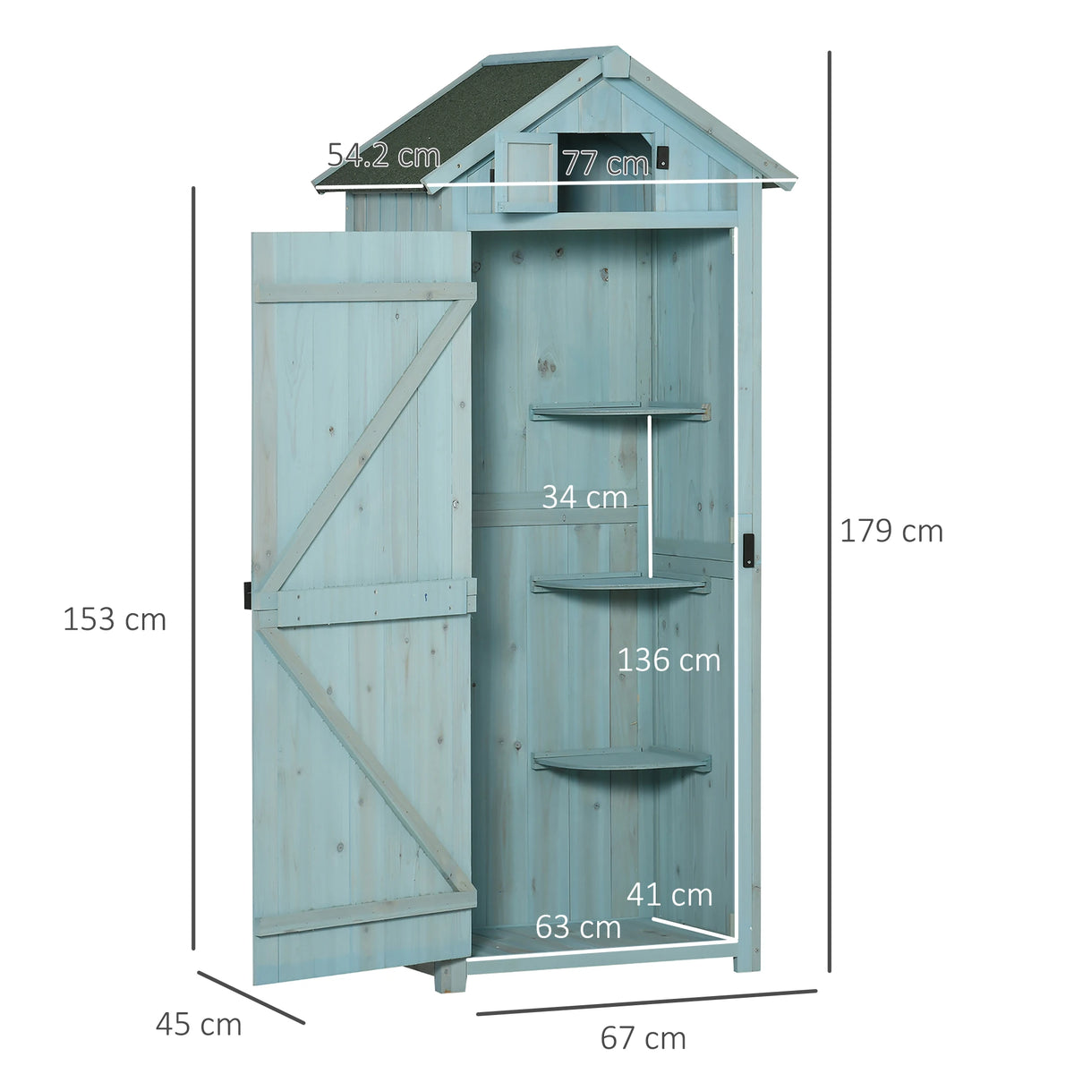 Wooden Garden Tool Shed with 3 Shelves, Blue