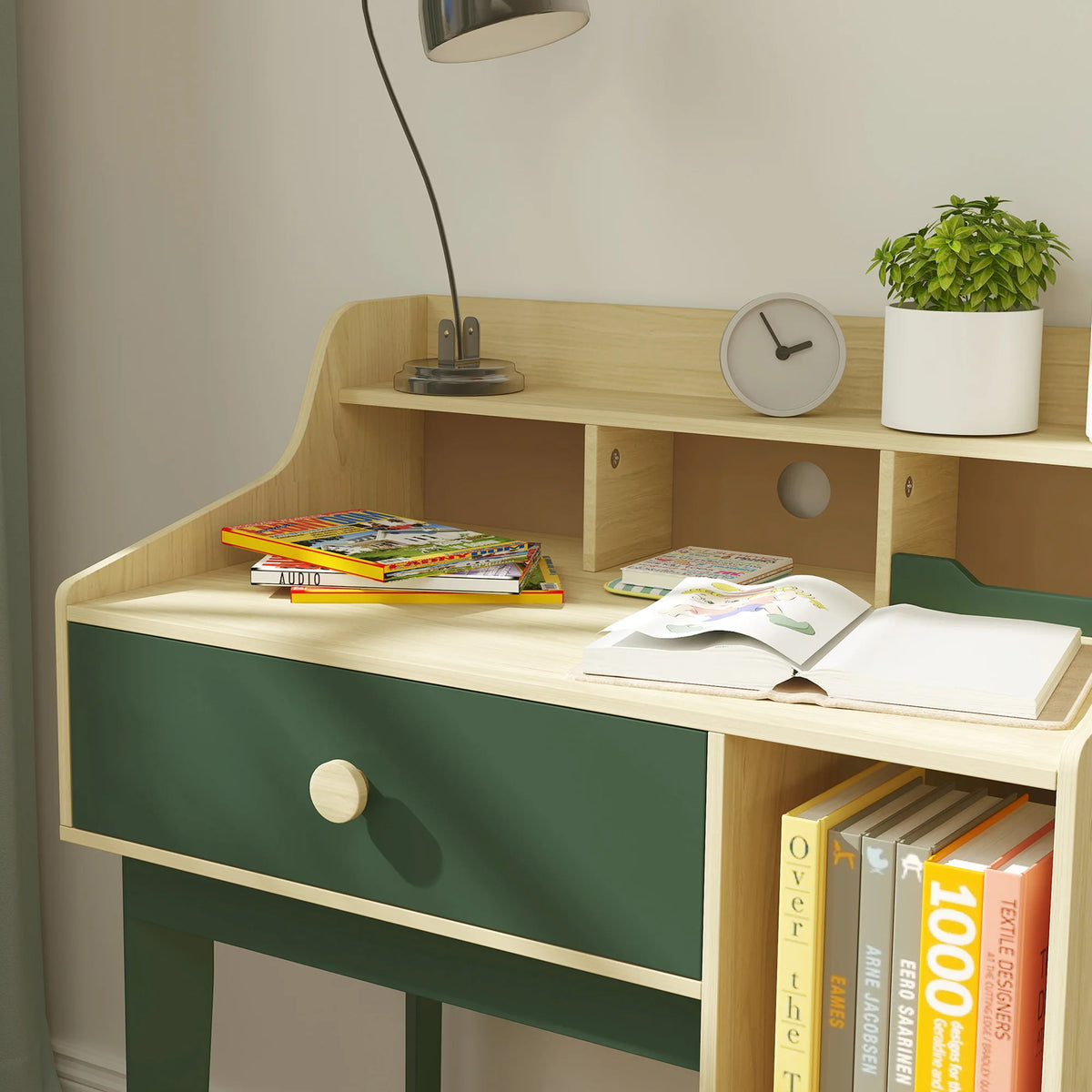 Kids Desk and Chair Set with Double Layer Shelf Drawer and 2 Storage Grids for Ages 3-10 Green