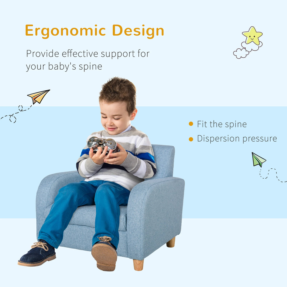 Kids Armchair with Wood Frame High Armrests Linen Upholstery and Anti Slip Stump Feet for Playroom