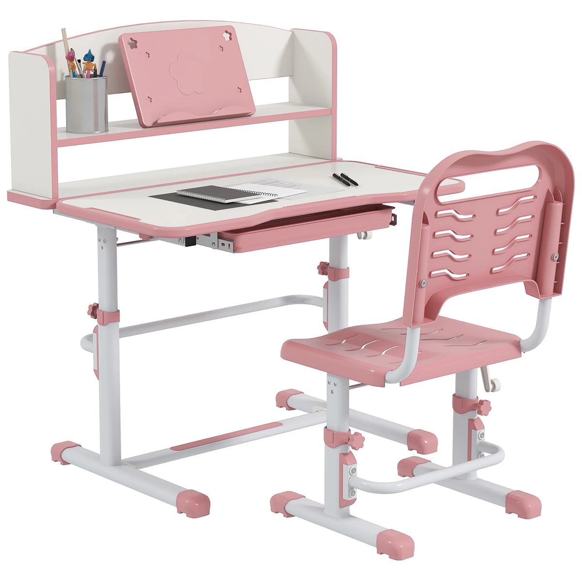 Kids Study Desk and Chair Set Height Adjustable 45 Degree Tilting Top with Drawer Bookshelf and Non Slip Mat