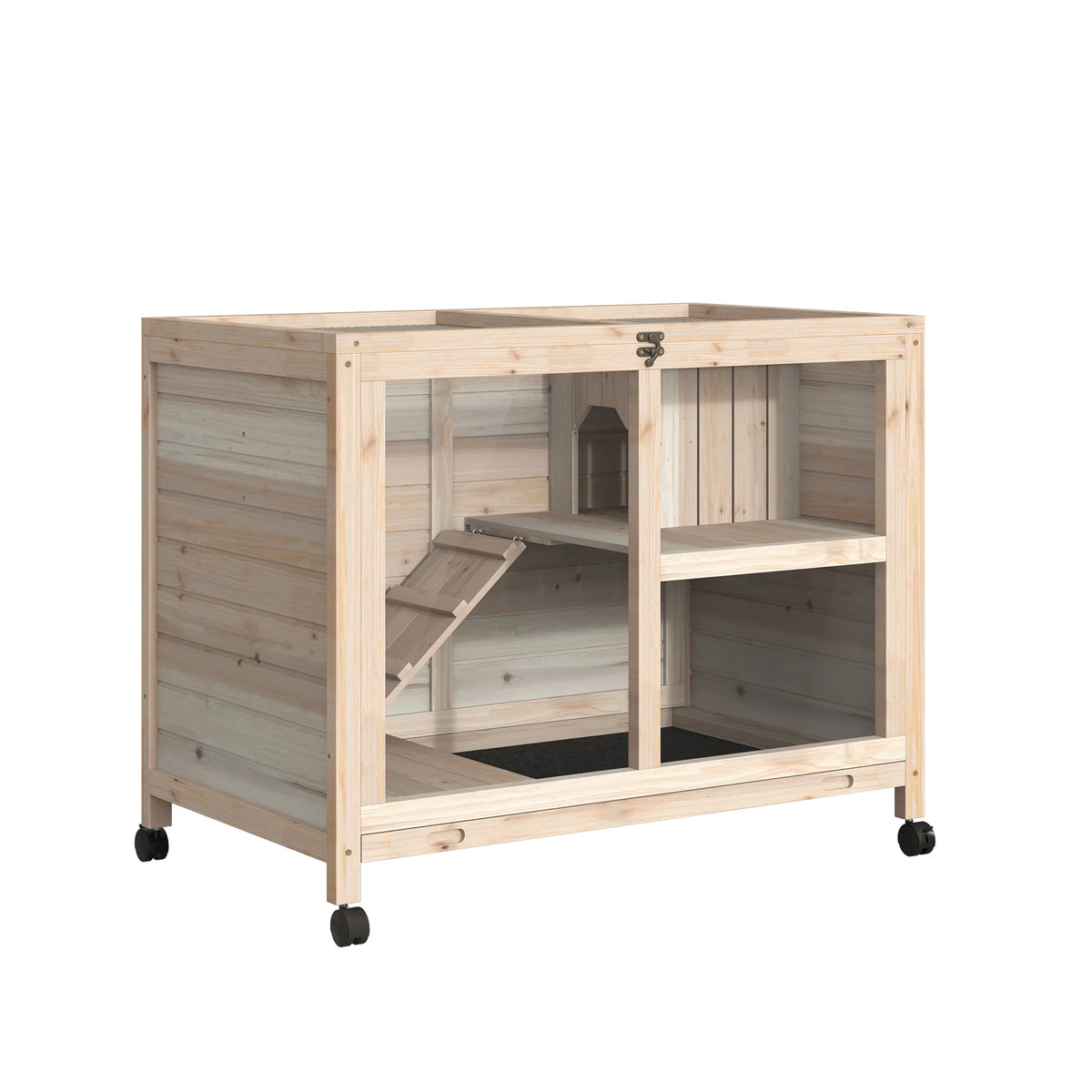 Indoor Wooden Rabbit Hutch 2 Floor Bunny Cage with Ramp Openable Top Latched Door and Wheels