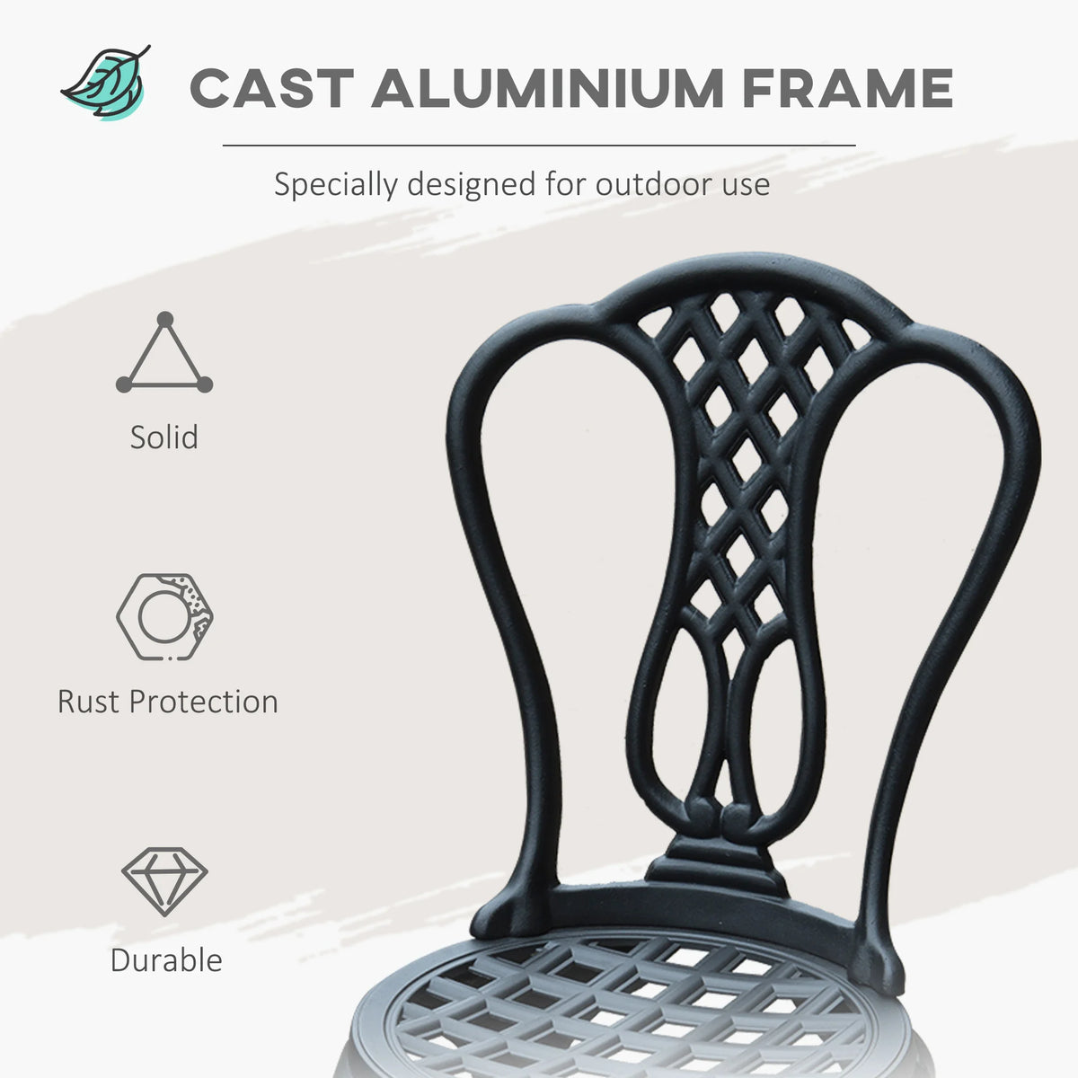 3 Piece Patio Cast Aluminium Bistro Set, Garden Outdoor Furniture Table and Chairs, Shabby Chic Style