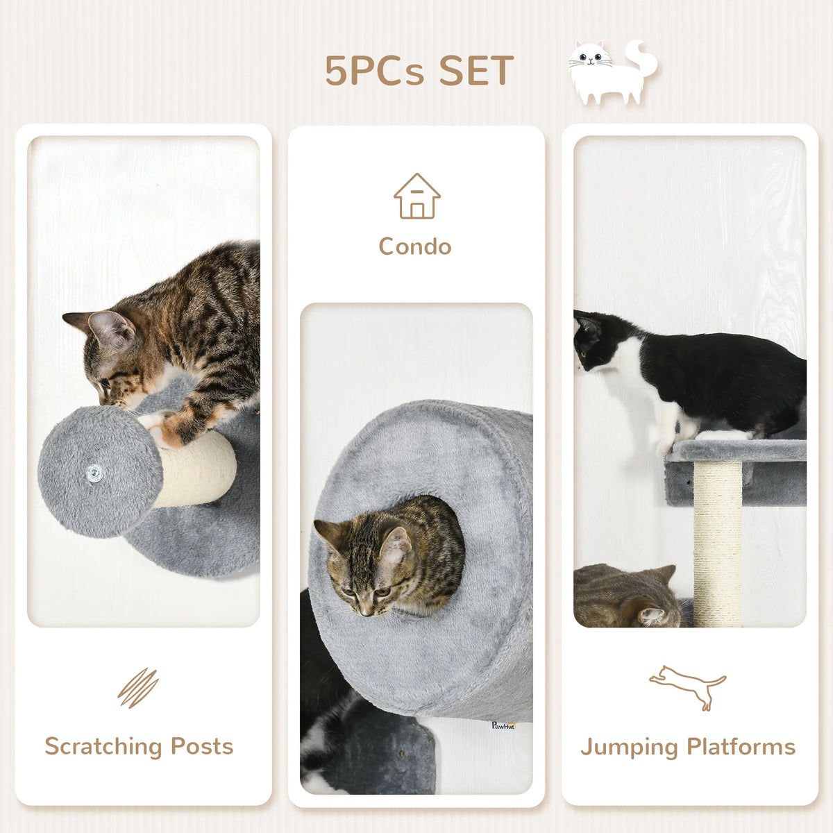 5-Piece Cat Wall Furniture Set with Perches, Cat House and Scratching Post