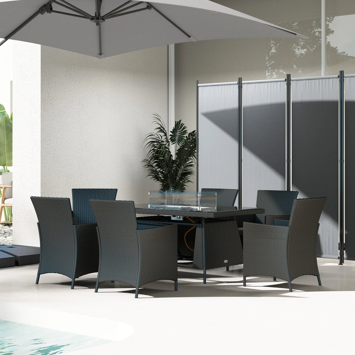 7 PCs PE Rattan Dining Set with Fire Pit Table and Cushioned Armchairs, Black