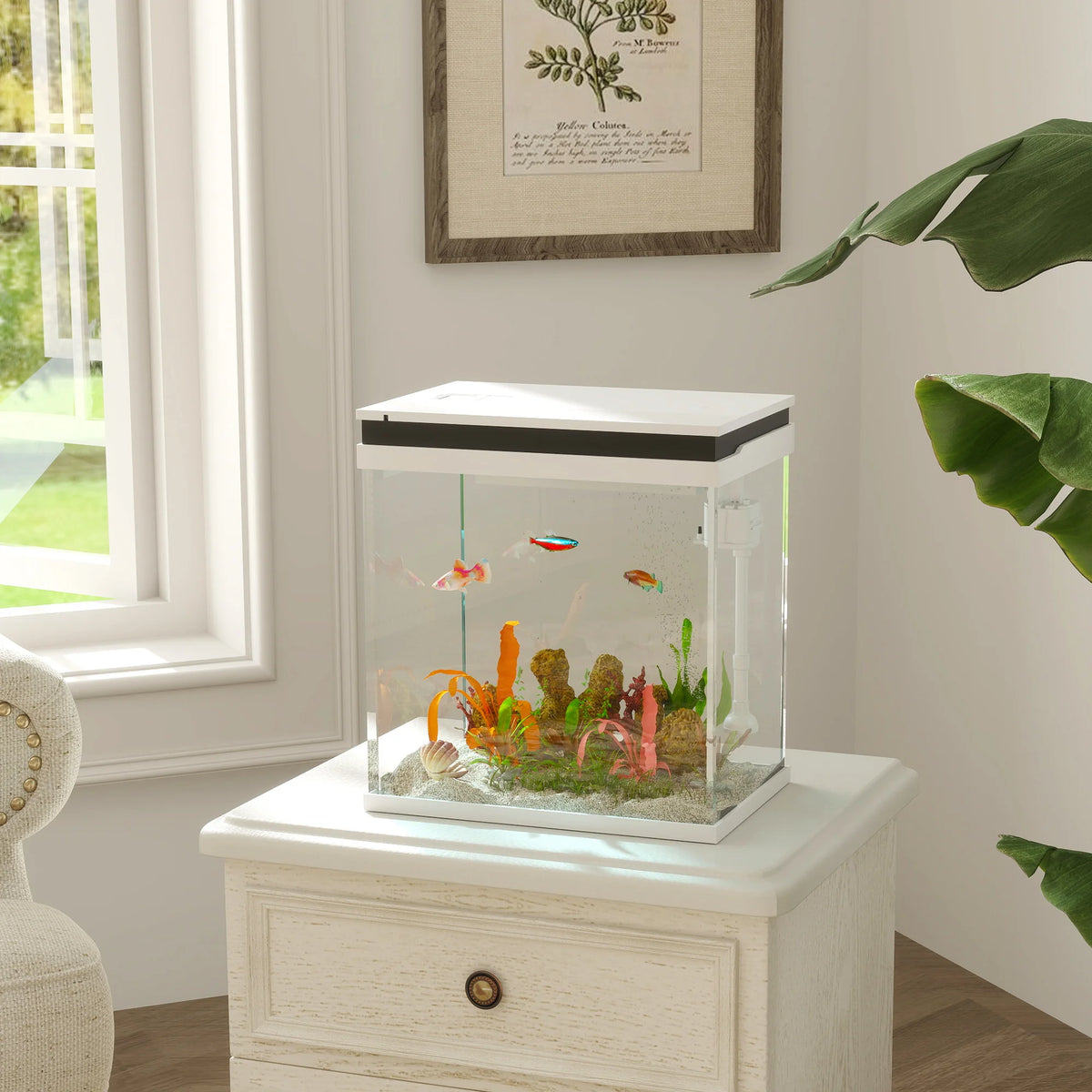 Small Fish Tank 14L with Filter System Colour Changing LED Lights Water Pump and Feeding Hole White