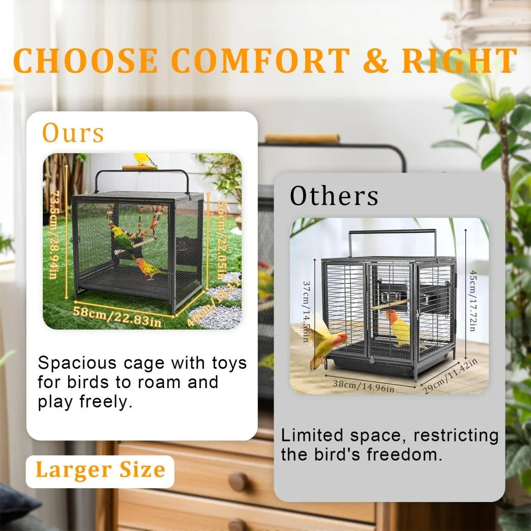 Heavy-Duty Metal Travel Bird Cage with Handle, Perches and Toys, 58 x 46 x 56cm