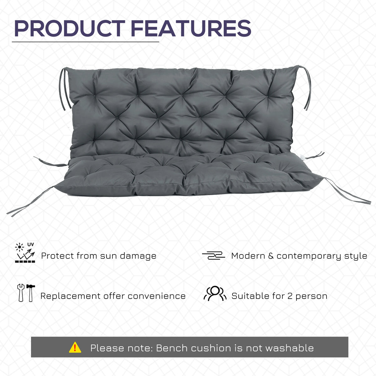 Garden Bench Cushion 2 Seater Swing Chair Seat Pad Water and Stain Resistant with Tie Fastenings Dark Grey