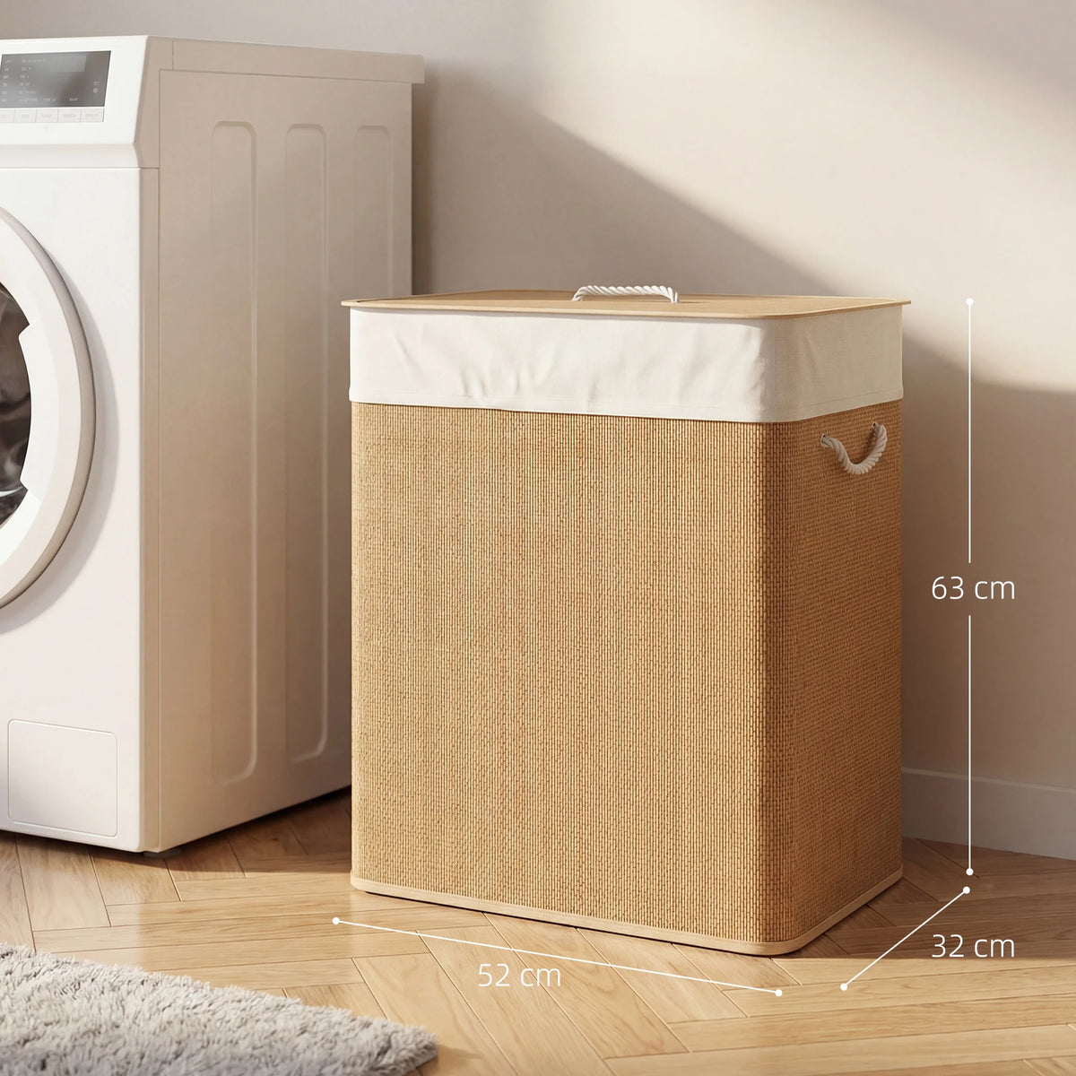 100L Bamboo Double Laundry Hamper with Lid and Rope Handles