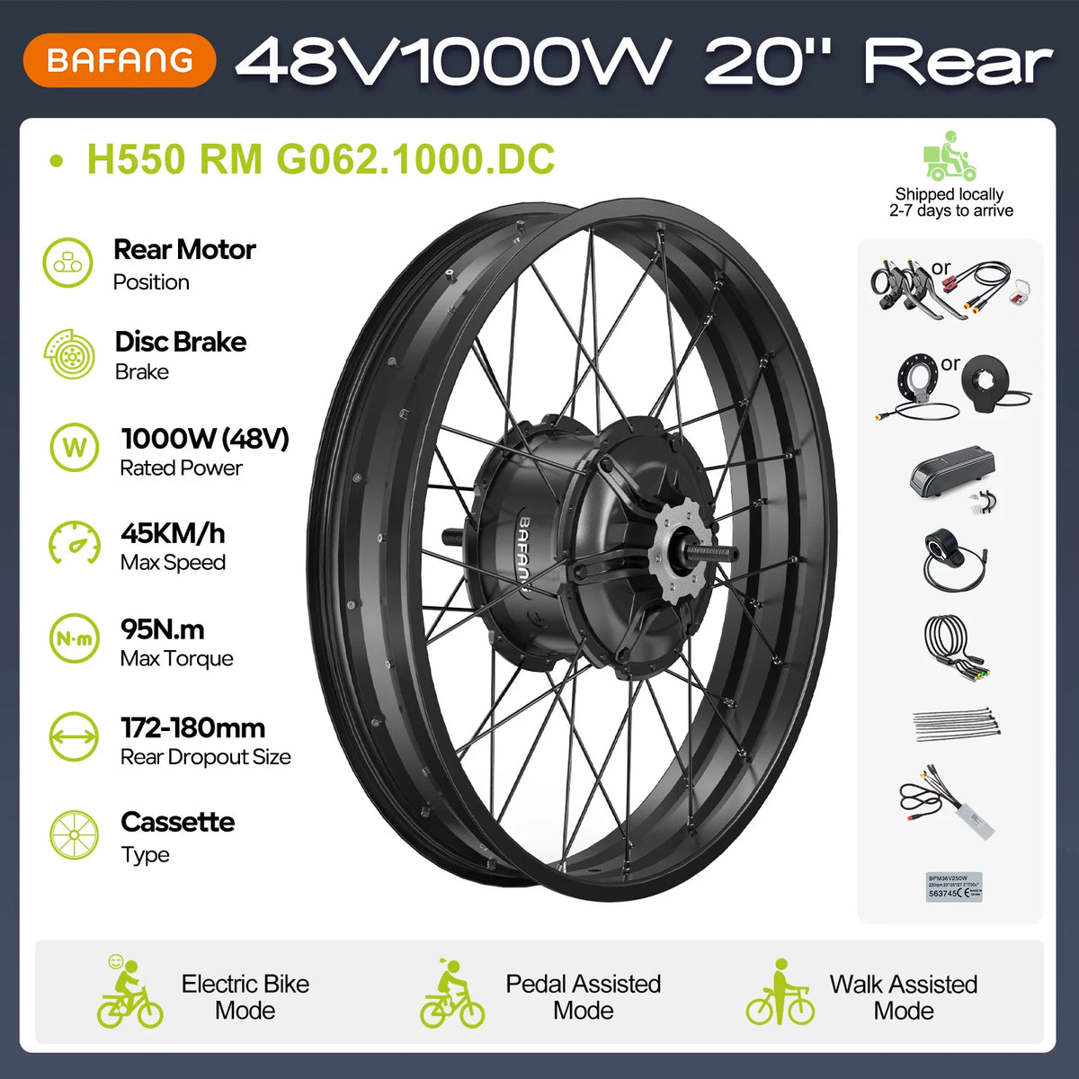 48V Rear Hub Motor E-Bike Conversion Kit 500W, 750W or 1000W for 20", 26", 27.5" and 700C Cassette Wheels