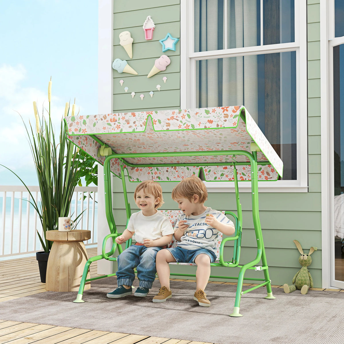 2 Seater Kids Garden Swing Chair with Adjustable Canopy Non Skid Feet Fox Pattern Steel Frame Green