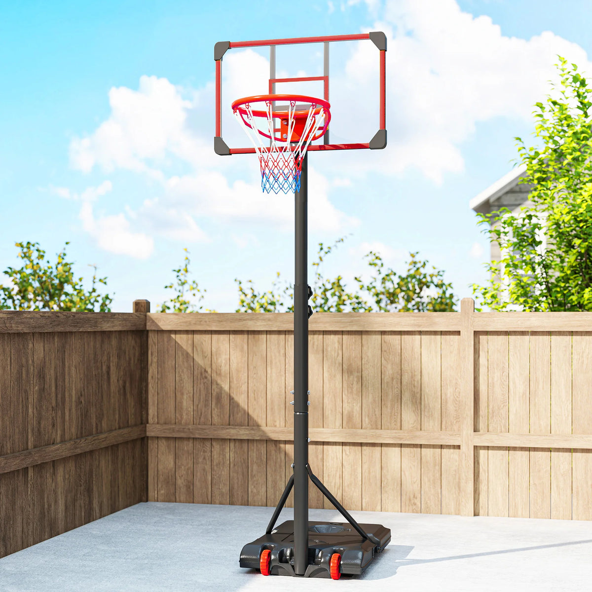 Adjustable Basketball Hoop and Stand with Wheels, Weighted Base, 1.8-2.1m, Red