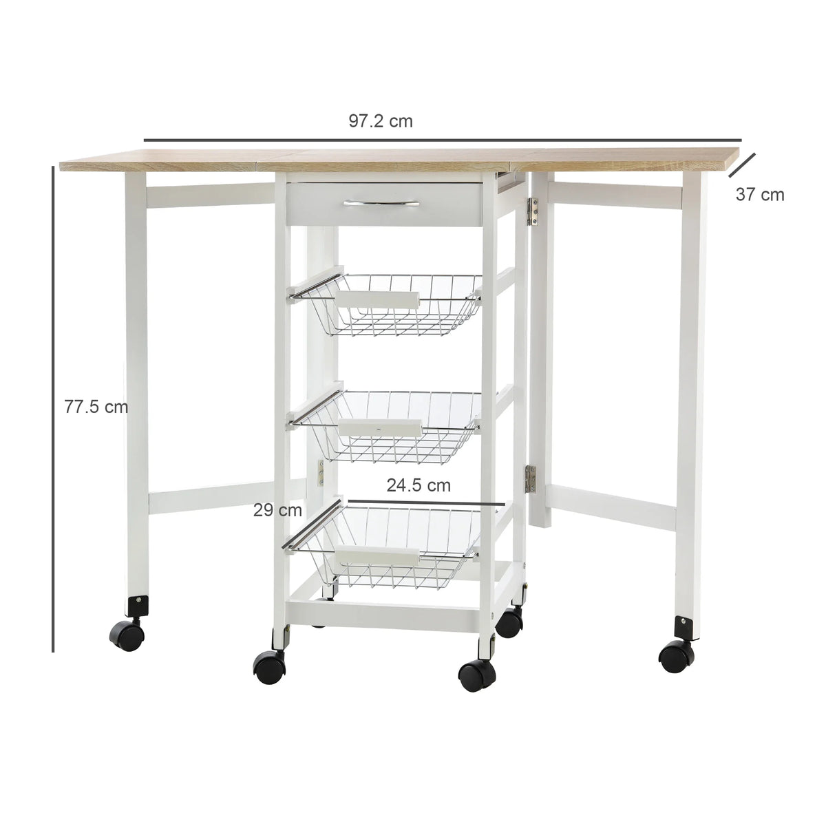 Drop-Leaf Kitchen Trolley with 3 Baskets, Drawer and 6 Wheels, White