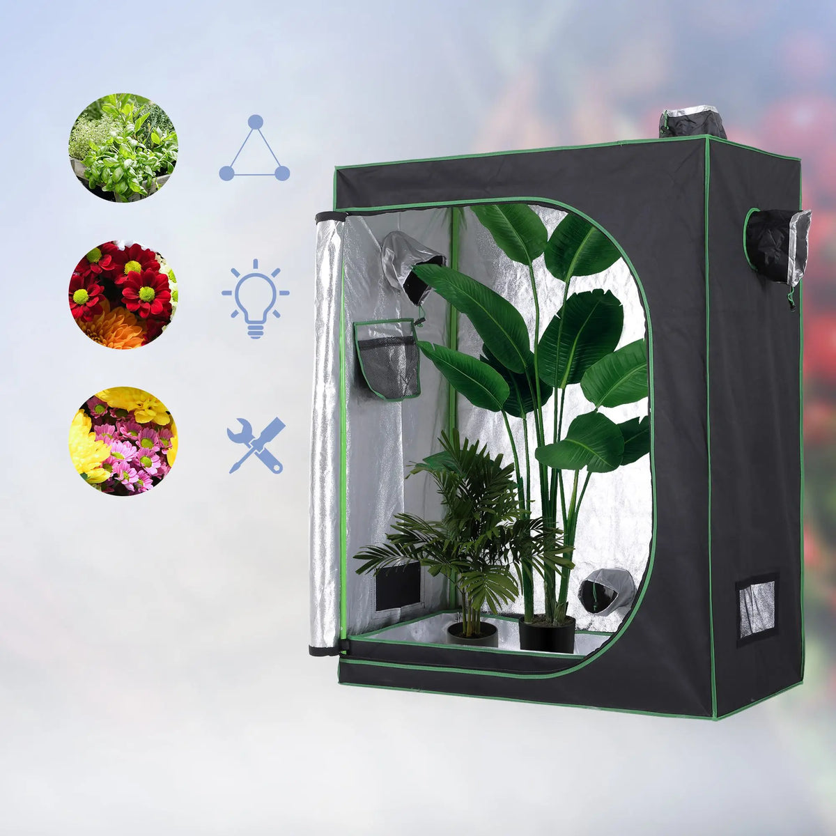Indoor Grow Tent 120x60x150cm Hydroponic with Reflective Mylar Lining 600D Oxford and Adjustable Vents