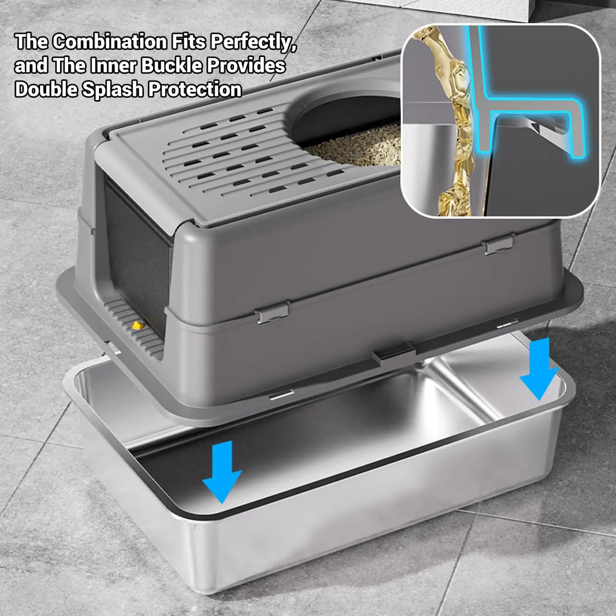 Stainless Steel High-Sided Cat Litter Box Leak-Proof Lid Large Tray for All Cats