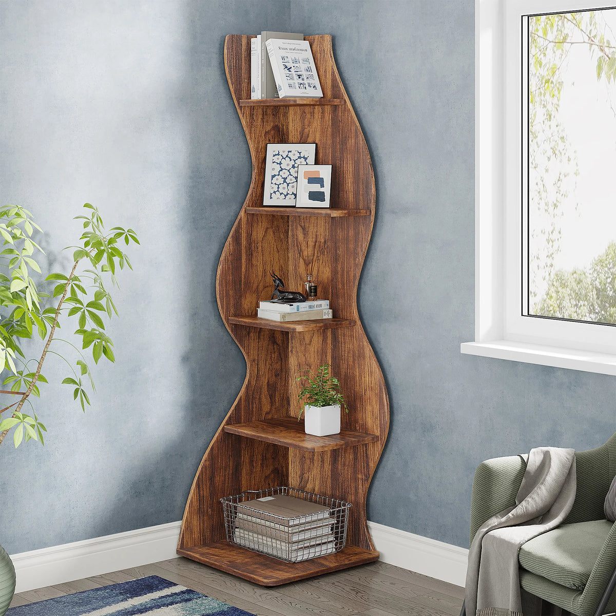 5-Tier Rustic Corner Wall Bookshelf with Sea Grass Design | Vintage Brown Corner Shelf Plant Stand