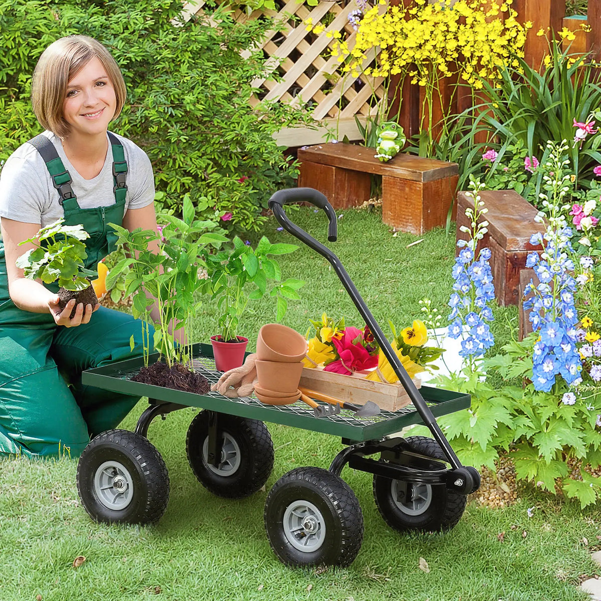 Garden Trolley Cart with Pneumatic Wheels and Padded Handle, 150kg, Green