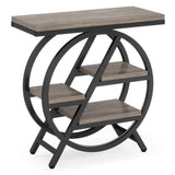 3-Tier Narrow Industrial Side Table with Geometric Metal Frame | Rustic Brown Sofa End Table for Living Room